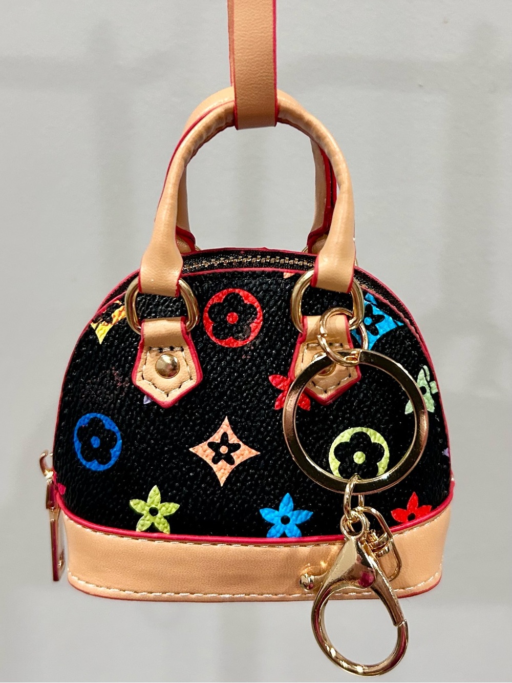 Mini Black Multicolor Patterned Dome Bag Charm/Keychain